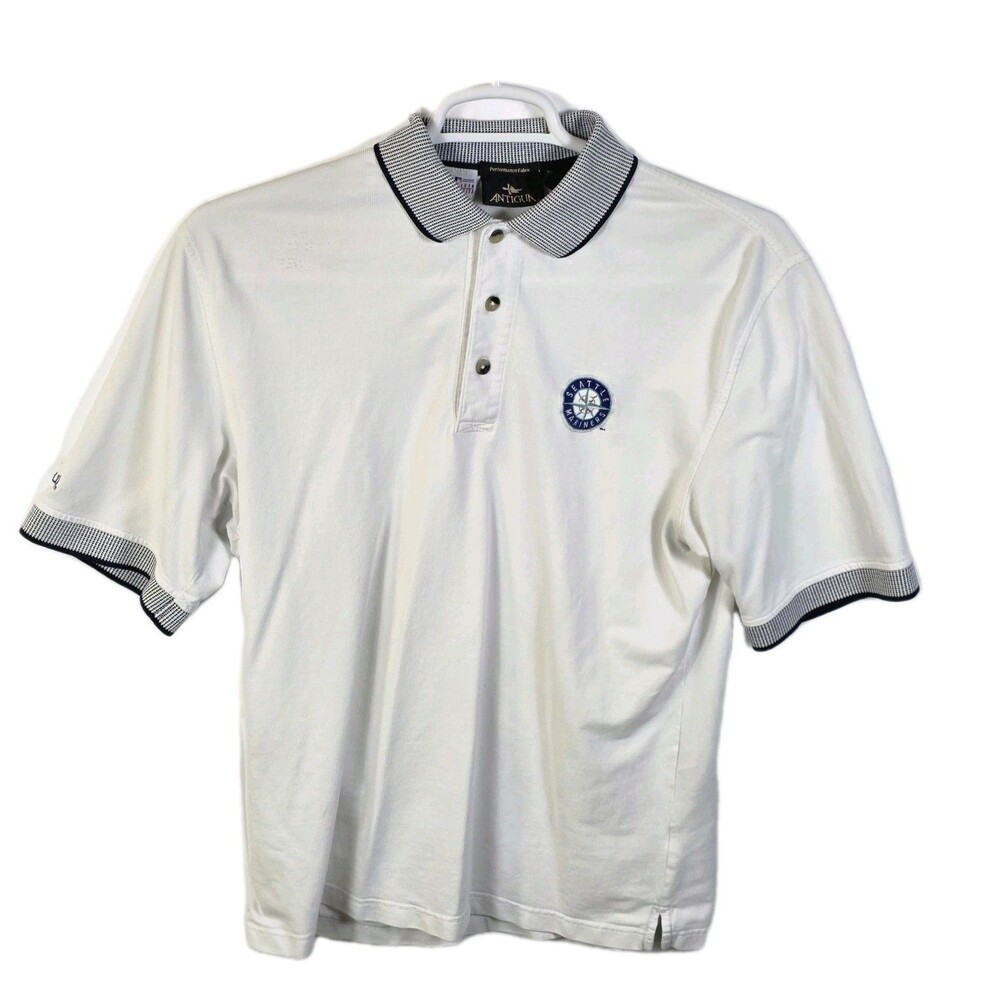 MLB‎ Antigua Mens Medium White Seattle Mariners Baseball Polo Shirt